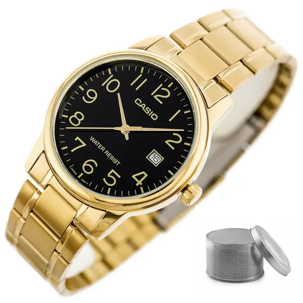 Casio férfi karóra MTP-V002G-1B, arany színű acél, fekete számlap, WR30, dátum