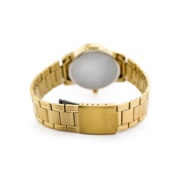 Casio férfi karóra MTP-V002G-1B, arany színű acél, fekete számlap, WR30, dátum