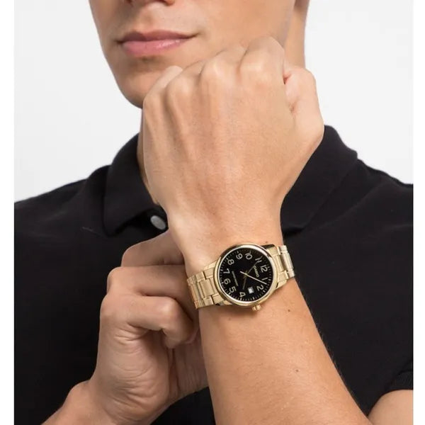 Casio férfi karóra MTP-V002G-1B, arany színű acél, fekete számlap, WR30, dátum