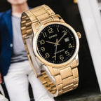 Casio férfi karóra MTP-V002G-1B, arany színű acél, fekete számlap, WR30, dátum