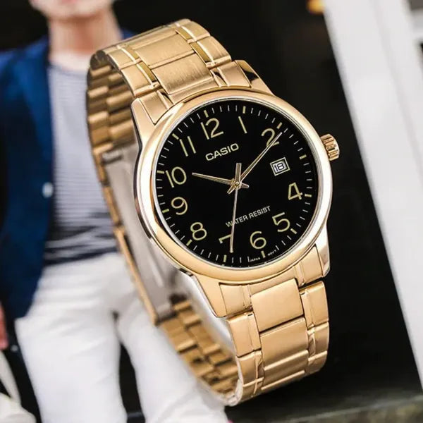 Casio férfi karóra MTP-V002G-1B, arany színű acél, fekete számlap, WR30, dátum