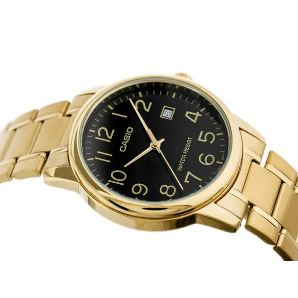 Casio férfi karóra MTP-V002G-1B, arany színű acél, fekete számlap, WR30, dátum