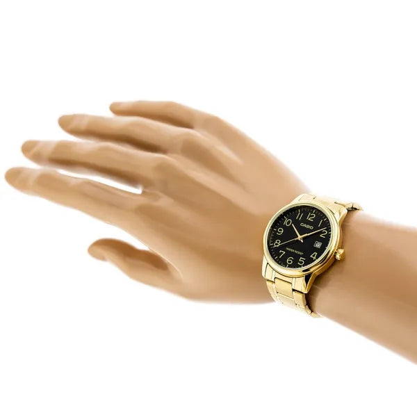 Casio férfi karóra MTP-V002G-1B, arany színű acél, fekete számlap, WR30, dátum