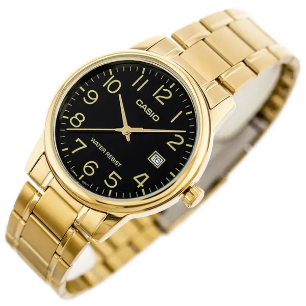 Casio férfi karóra MTP-V002G-1B, arany színű acél, fekete számlap, WR30, dátum