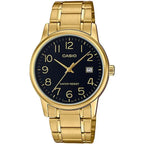 Casio férfi karóra MTP-V002G-1B, arany színű acél, fekete számlap, WR30, dátum
