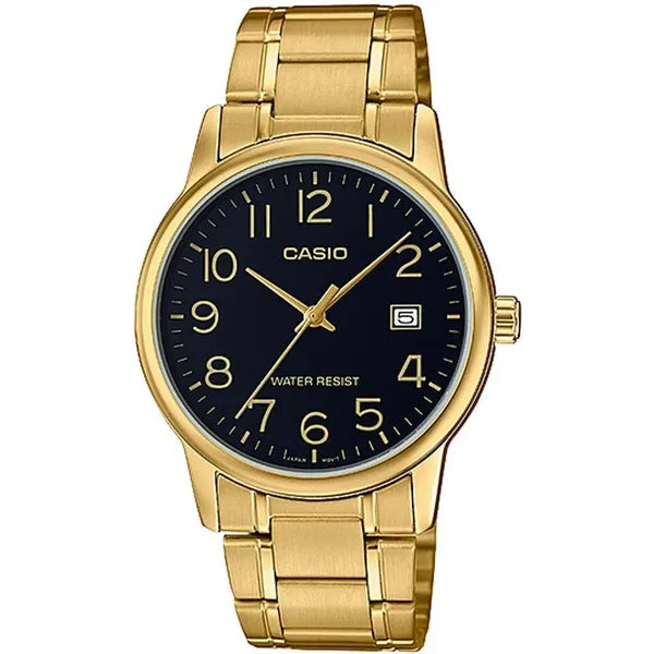 Casio férfi karóra MTP-V002G-1B, arany színű acél, fekete számlap, WR30, dátum