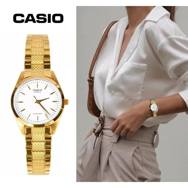 Casio LTP-1274G-7A női karóra, arany acél szíj, 32 mm, WR30, fehér számlap