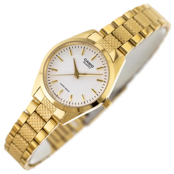 Casio LTP-1274G-7A női karóra, arany acél szíj, 32 mm, WR30, fehér számlap