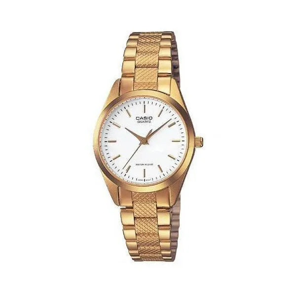 Casio LTP-1274G-7A női karóra, arany acél szíj, 32 mm, WR30, fehér számlap
