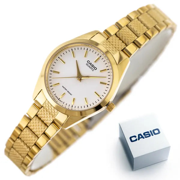 Casio LTP-1274G-7A női karóra, arany acél szíj, 32 mm, WR30, fehér számlap