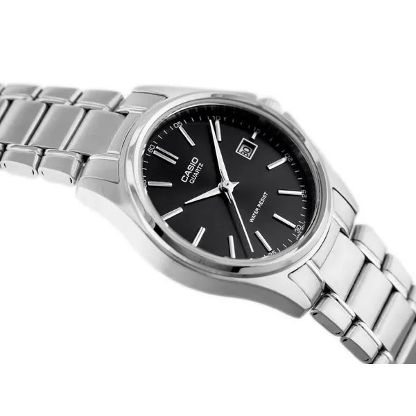 Casio LTP-1183A-1A női karóra, ezüst acél szíj, fekete számlap, dátum, WR50