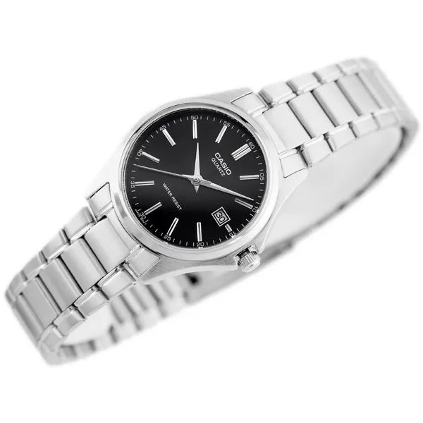 Casio LTP-1183A-1A női karóra, ezüst acél szíj, fekete számlap, dátum, WR50