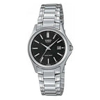 Casio LTP-1183A-1A női karóra, ezüst acél szíj, fekete számlap, dátum, WR50