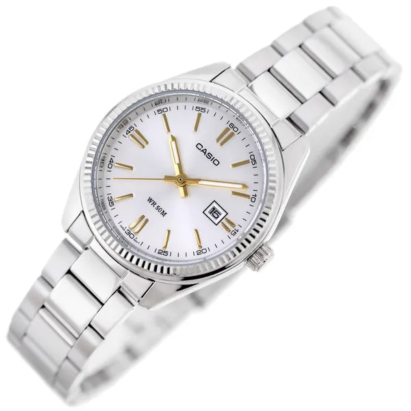 Casio LTP-1302D-7A2V női karóra, ezüst, acél szíj, dátum, WR30, 30 mm tok