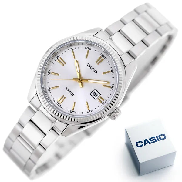 Casio LTP-1302D-7A2V női karóra, ezüst, acél szíj, dátum, WR30, 30 mm tok