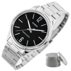 Casio MTP-V005D-1B férfi karóra, ezüst acél, fekete számlap, 40 mm, WR30