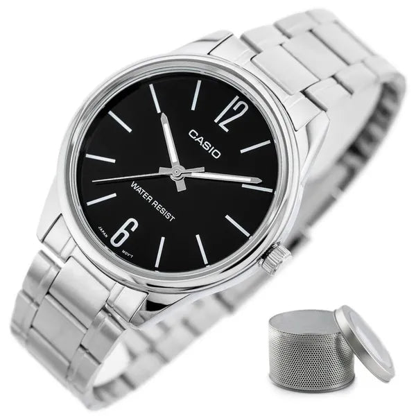 Casio MTP-V005D-1B férfi karóra, ezüst acél, fekete számlap, 40 mm, WR30