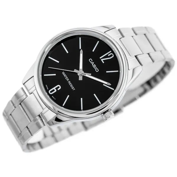 Casio MTP-V005D-1B férfi karóra, ezüst acél, fekete számlap, 40 mm, WR30