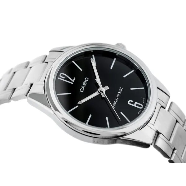 Casio MTP-V005D-1B férfi karóra, ezüst acél, fekete számlap, 40 mm, WR30