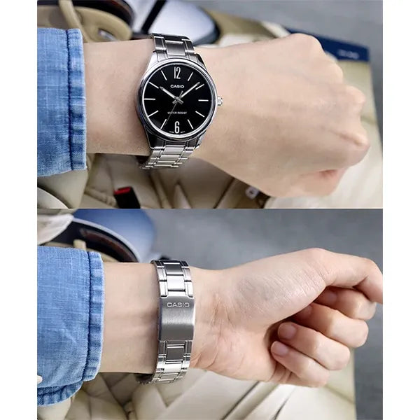 Casio MTP-V005D-1B férfi karóra, ezüst acél, fekete számlap, 40 mm, WR30