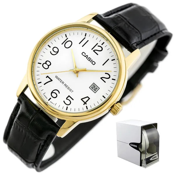 Casio MTP-V002GL-7B2UDF férfi karóra, arany tok, fekete bőr, fehér számlap 44 mm