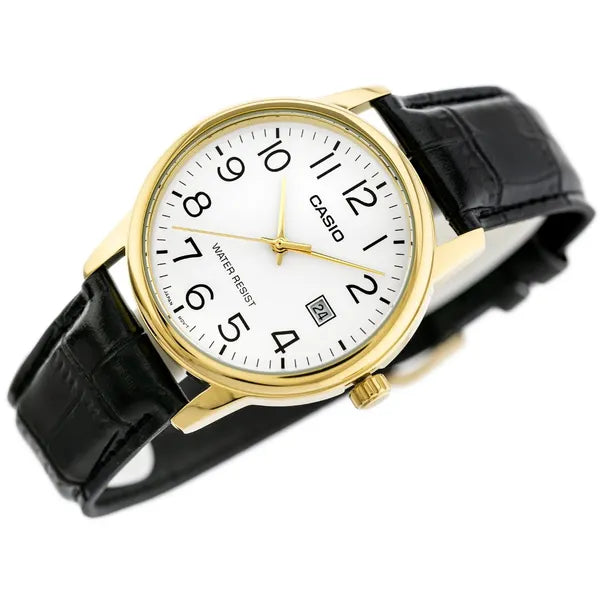 Casio MTP-V002GL-7B2UDF férfi karóra, arany tok, fekete bőr, fehér számlap 44 mm