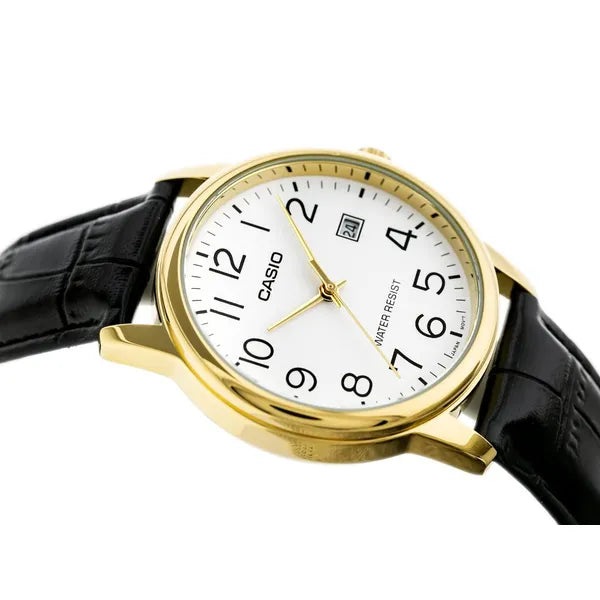 Casio MTP-V002GL-7B2UDF férfi karóra, arany tok, fekete bőr, fehér számlap 44 mm