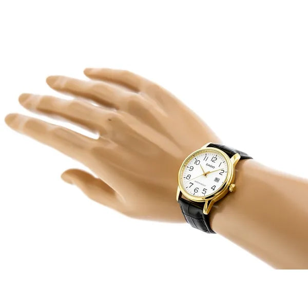Casio MTP-V002GL-7B2UDF férfi karóra, arany tok, fekete bőr, fehér számlap 44 mm