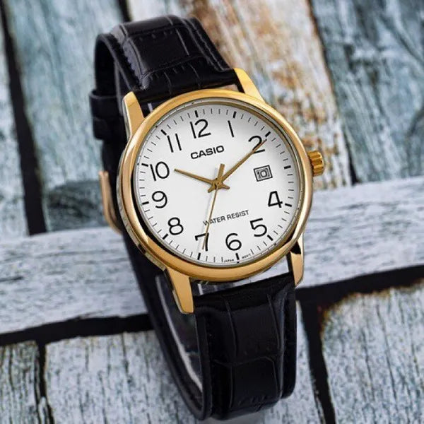 Casio MTP-V002GL-7B2UDF férfi karóra, arany tok, fekete bőr, fehér számlap 44 mm