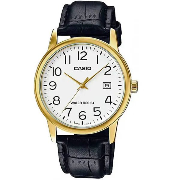 Casio MTP-V002GL-7B2UDF férfi karóra, arany tok, fekete bőr, fehér számlap 44 mm