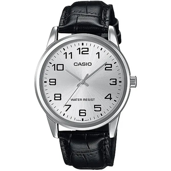 Casio MTP-V001L-7B férfi óra, bőr szíj, ezüst számlap, WR30, díszdobozzal