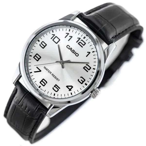 Casio MTP-V001L-7B férfi óra, bőr szíj, ezüst számlap, WR30, díszdobozzal