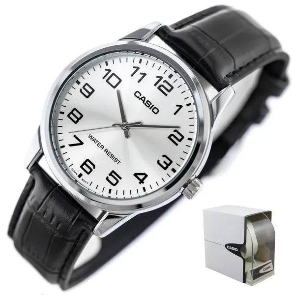 Casio MTP-V001L-7B férfi óra, bőr szíj, ezüst számlap, WR30, díszdobozzal