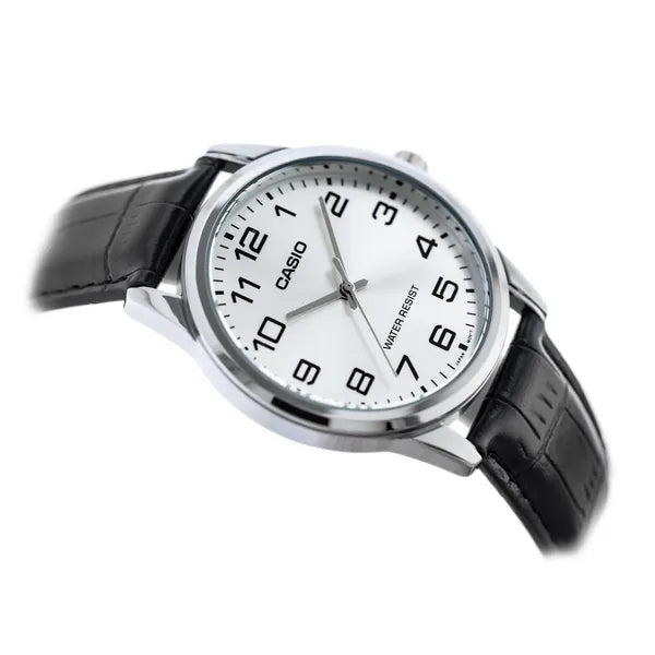 Casio MTP-V001L-7B férfi óra, bőr szíj, ezüst számlap, WR30, díszdobozzal