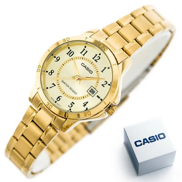 Casio LTP-V004G-9B női karóra, arany szín, acél szíj, dátum, WR30, 35 mm