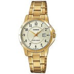 Casio LTP-V004G-9B női karóra, arany szín, acél szíj, dátum, WR30, 35 mm