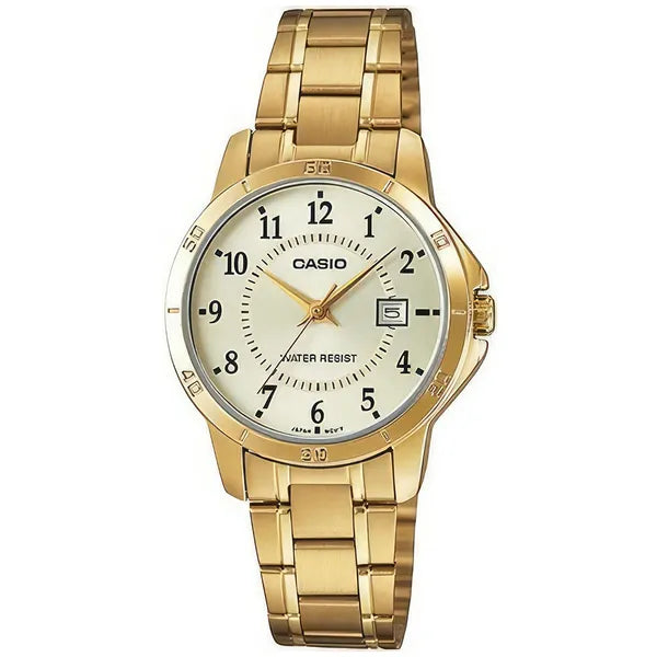 Casio LTP-V004G-9B női karóra, arany szín, acél szíj, dátum, WR30, 35 mm