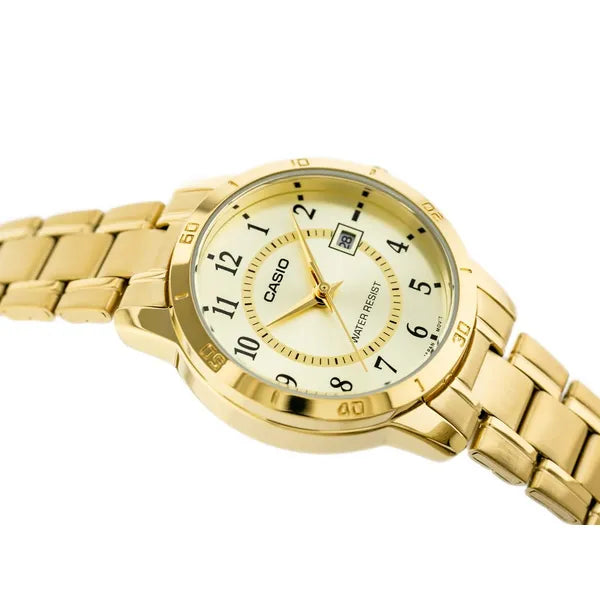 Casio LTP-V004G-9B női karóra, arany szín, acél szíj, dátum, WR30, 35 mm