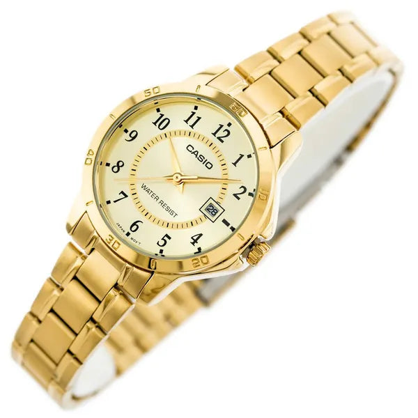 Casio LTP-V004G-9B női karóra, arany szín, acél szíj, dátum, WR30, 35 mm