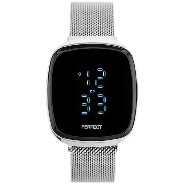 Női LED digitális karóra, ezüst fém szíj, téglalap tok, mágneses csat, WR30