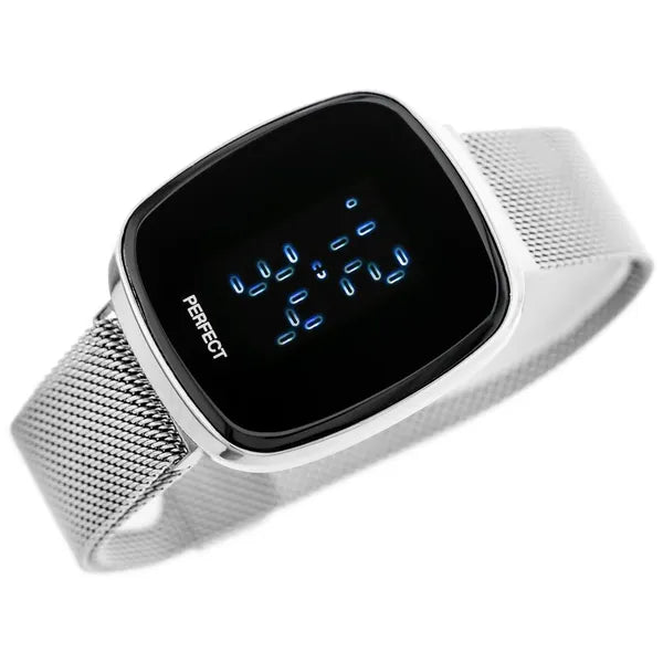 Női LED digitális karóra, ezüst fém szíj, téglalap tok, mágneses csat, WR30