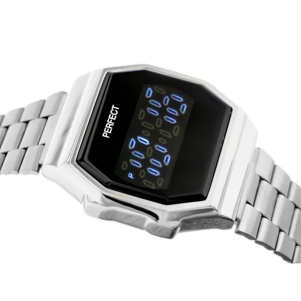 LED női digitális karóra, ezüst fémszíj, téglalap, WR30, fekete kijelző