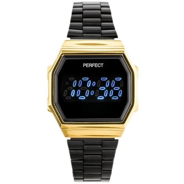 Női LED karóra, fekete-arany, téglalap, fém szíj, dátum, WR30