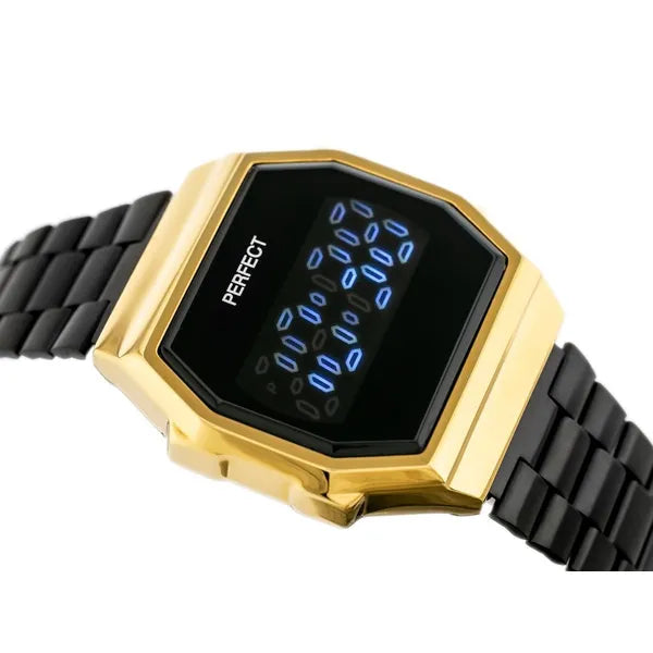 Női LED karóra, fekete-arany, téglalap, fém szíj, dátum, WR30