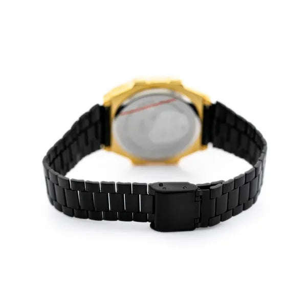 Női LED karóra, fekete-arany, téglalap, fém szíj, dátum, WR30
