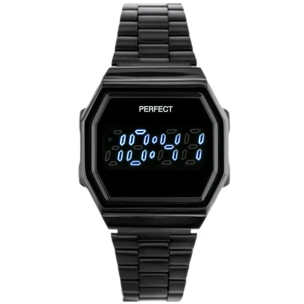 Női digitális LED karóra fekete fém szíjjal, téglalap, WR30