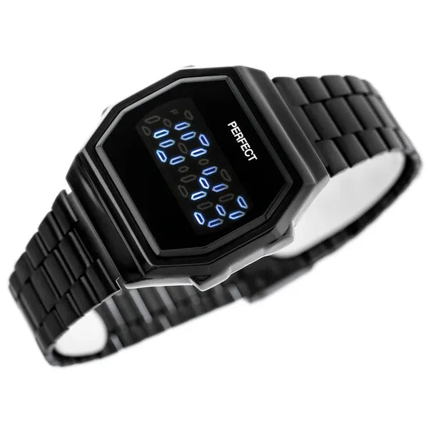 Női digitális LED karóra fekete fém szíjjal, téglalap, WR30