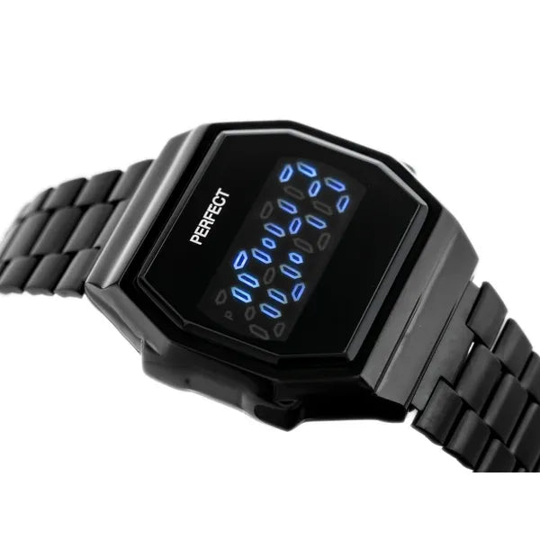 Női digitális LED karóra fekete fém szíjjal, téglalap, WR30