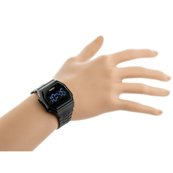Női digitális LED karóra fekete fém szíjjal, téglalap, WR30