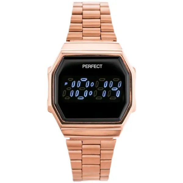 Női digitális LED karóra rozéarany fém szíjjal, 32×38 mm, 3 ATM
